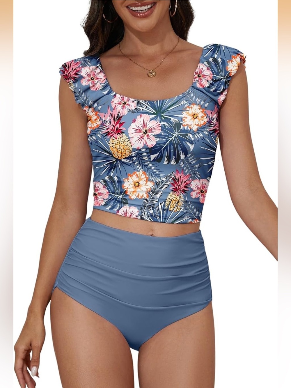 Ruched Tummy Control Two Piece Swim Tank Top With High Waisted Bottom 1801/12-1